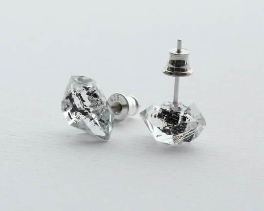 Salt & Pepper Quartz Earrings With Silver Studs, Clear Himalaya Mountains Crystal Black Spots, Quartz Stud For Her