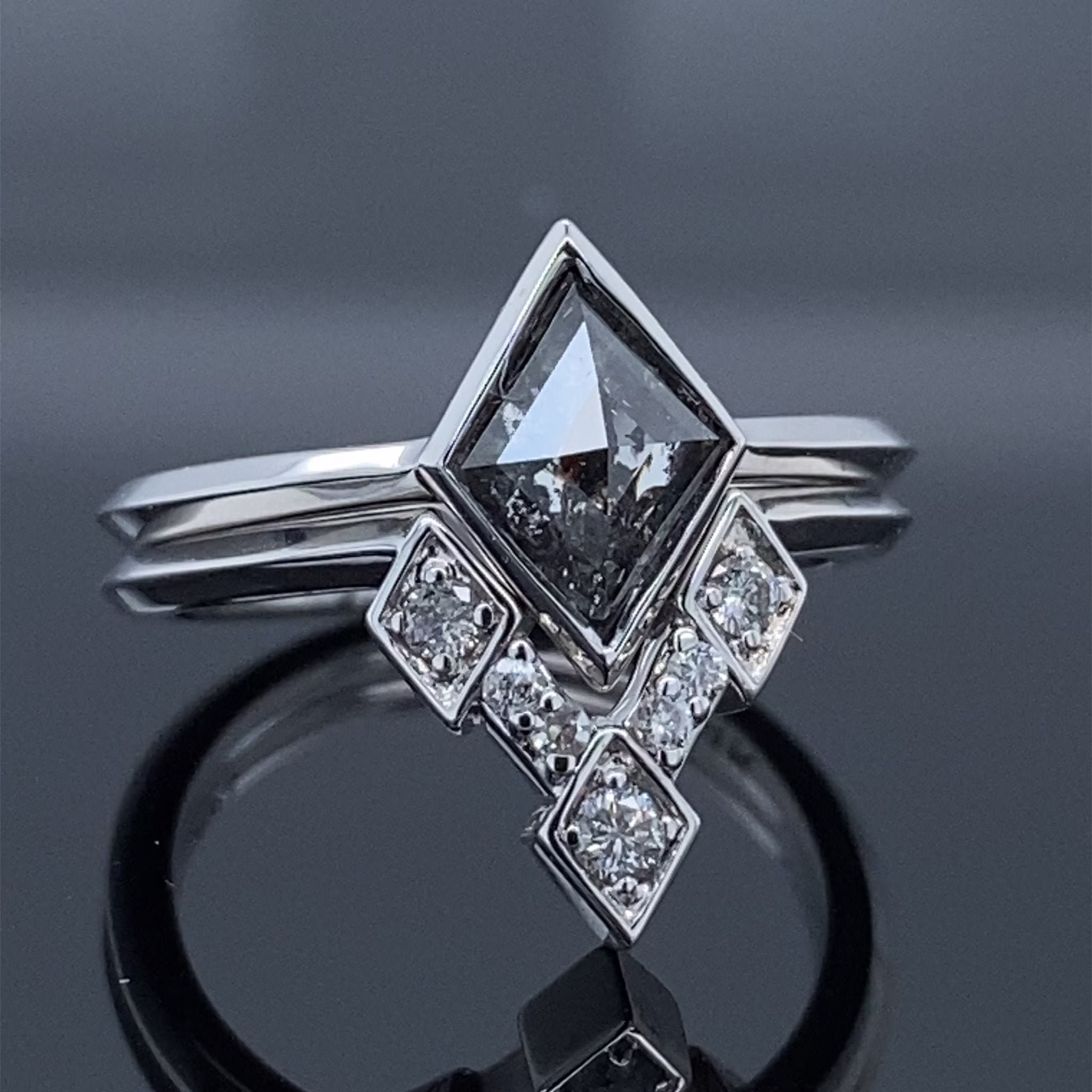 1.21 Tdw Salt & Pepper Kite Rough Rose Cut Diamond 14K White Gold Wedding Set