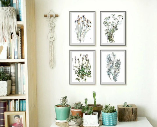Botanical Print Set - Herb Prints Wall Art Floral Rosemary Wildflower Water Color Painting Set Of 4