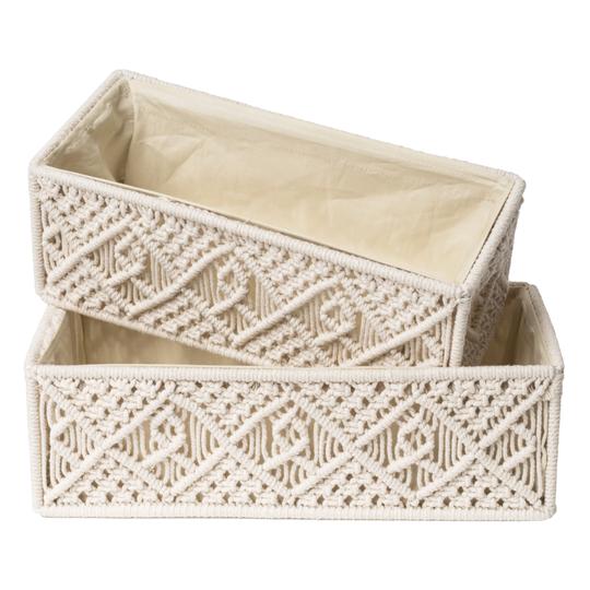 Macrame Baskets, Decorative Bins, Woven Boho Box Organizers , Bathroom, Bedroom, Kids, Nursery, Laundry, Toy Storage, Gift Basket, Set Of 2
