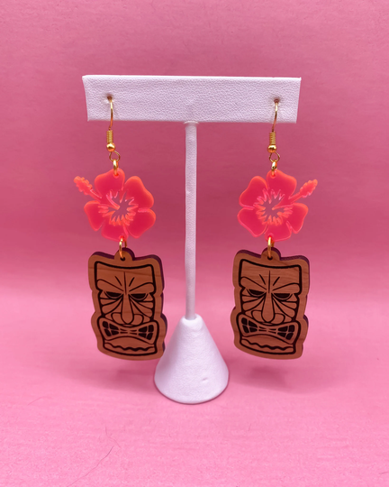Tiki Trouble Wood & Neon Pink Acrylic Earrings