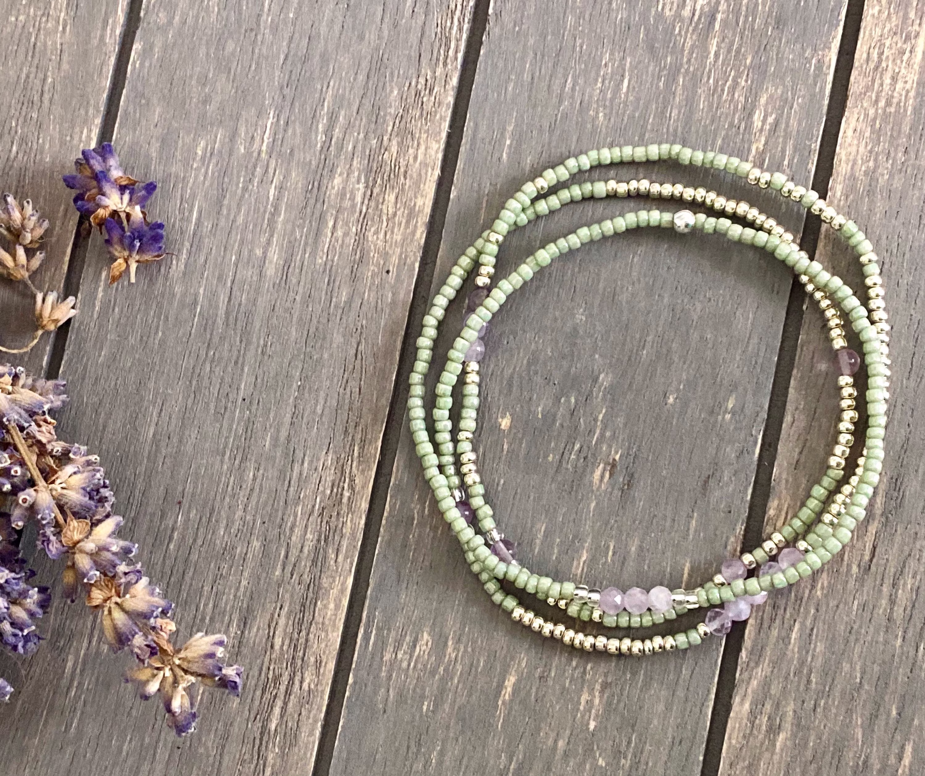 Amethyst Fluorite Women's Long Seed Bead Stretch Bracelet, Lavender Inspired Long Necklace