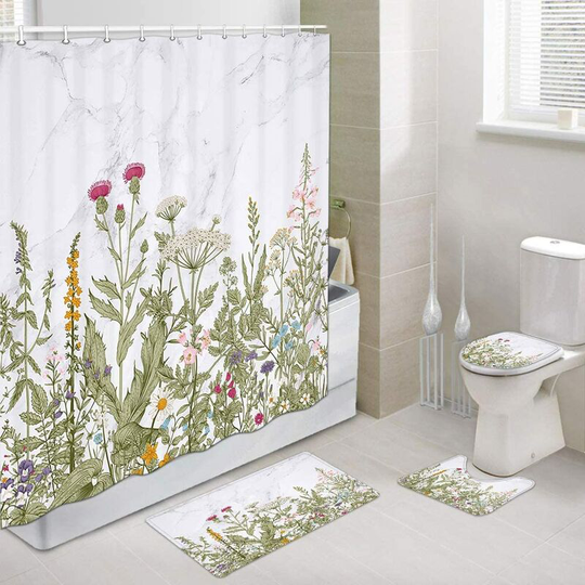 Ilovemilan - Marble Floral Shower Curtain and Bath Mat Set72x72 Inch, Vintage Floral Border Herbs and Wild Flowers Bathroom Mat Set with Contour