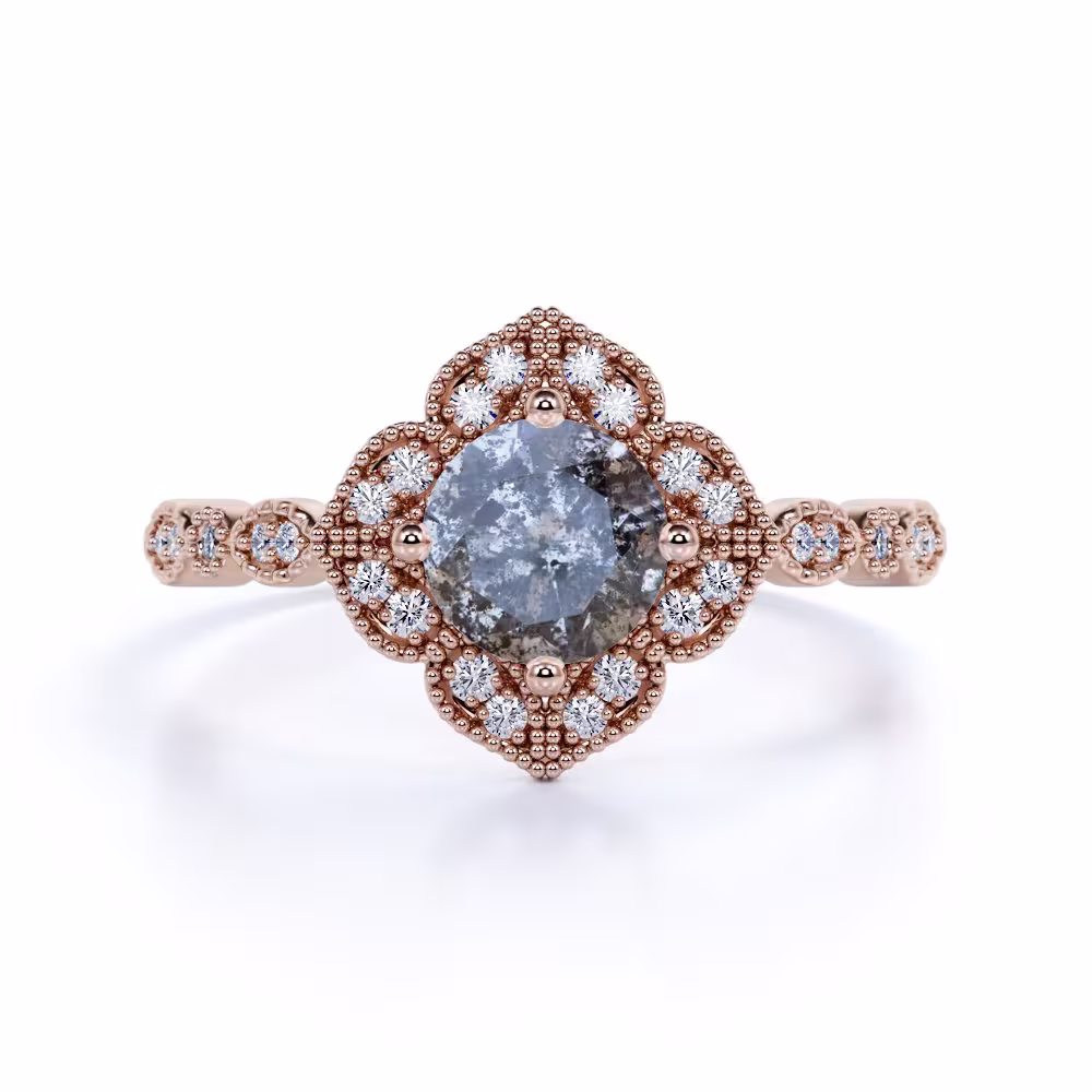 Salt & Pepper Diamond Ring 1 Ct Round, Engagement Ring, Flower Inspired Nature