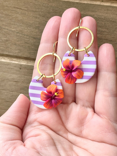It's A Hibiscus Kind Of Summer Collection-Orange Flower Earrings, Drop Orange Dangle, Striped Earrings