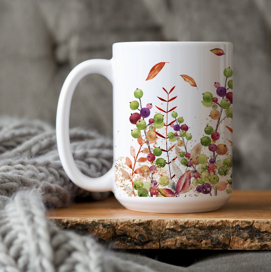 Bright Berries Mug, Autumn Fall Season Foliage Mug 11 Oz Or 15 Large