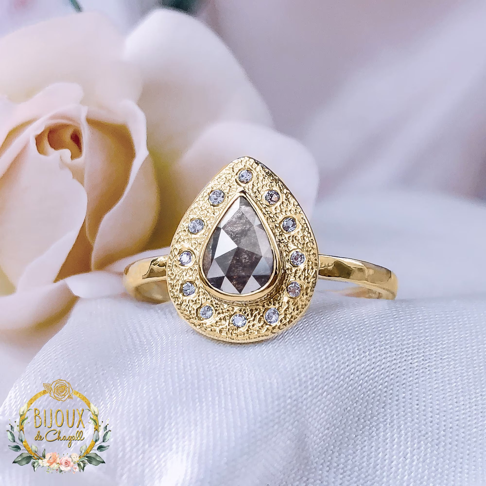 Pear Salt & Pepper Diamond Art Deco Halo Engagement Ring in Solid 9Ct Gold