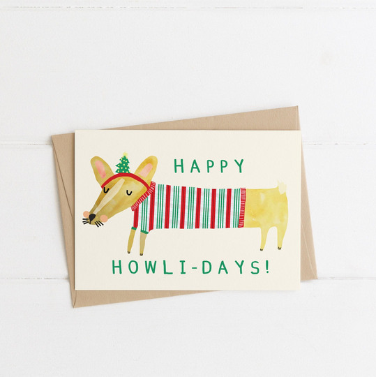 Happy Howlidays Christmas Card | Dachshund Sausage Dog Merry Seasons Greeting Eco-Friendly Recycled Hand Painted