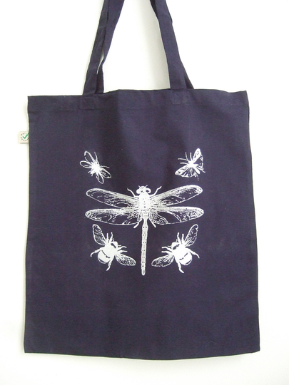 Silver Dragonfly Bees Insects Tote Bag Organic Cotton Navy Blue Hand Printed