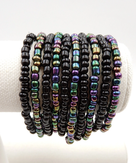Black Seed Bead Stretch Bracelet Stack, 10 Set, Beads, Multi Colored 7 Inches