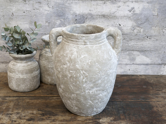 Light French Grey Cement Pot With Handles - Rustic Indoor Decorative Urn Antique Effect Distressed Weathered Ceramic Pot, Metz, H31cm