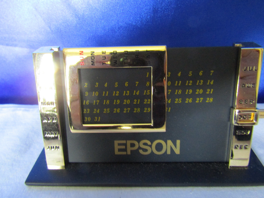 Vintage Epson Hong Kong Ltd Date & Month Perpetual Calendar, Brass & Black Powder Coated Metal, Boxed