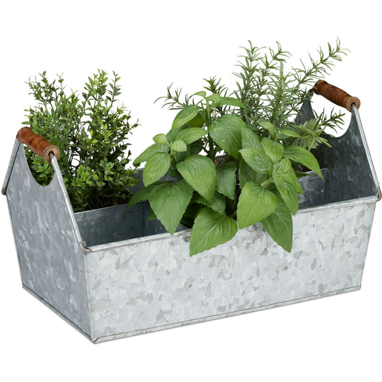 Zinc Box 6 Compartments, Tool Box, Wooden Handles, Planter, Bottle Carrier, Galvanized Iron, Colour Variation - Relaxdays