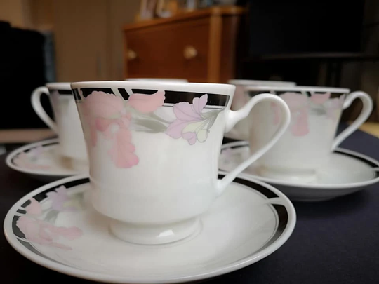 1960's Chinese Hebei Porcelain Set Of Five China Cups & Saucers
