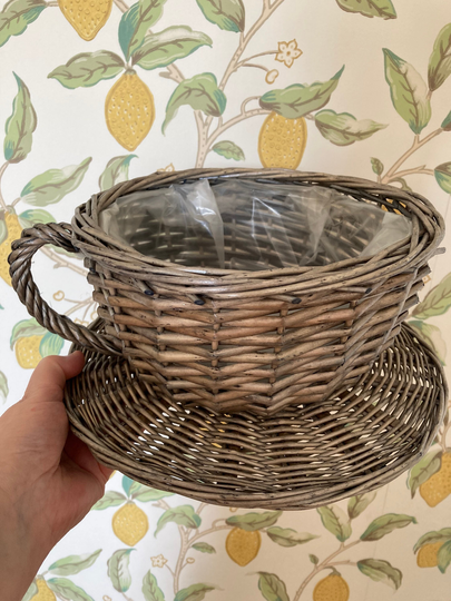 Planter - Antique Wash Garden Tea Cup Basket & Plate. Ideal Gift For The Gardener. Can Be Personalised
