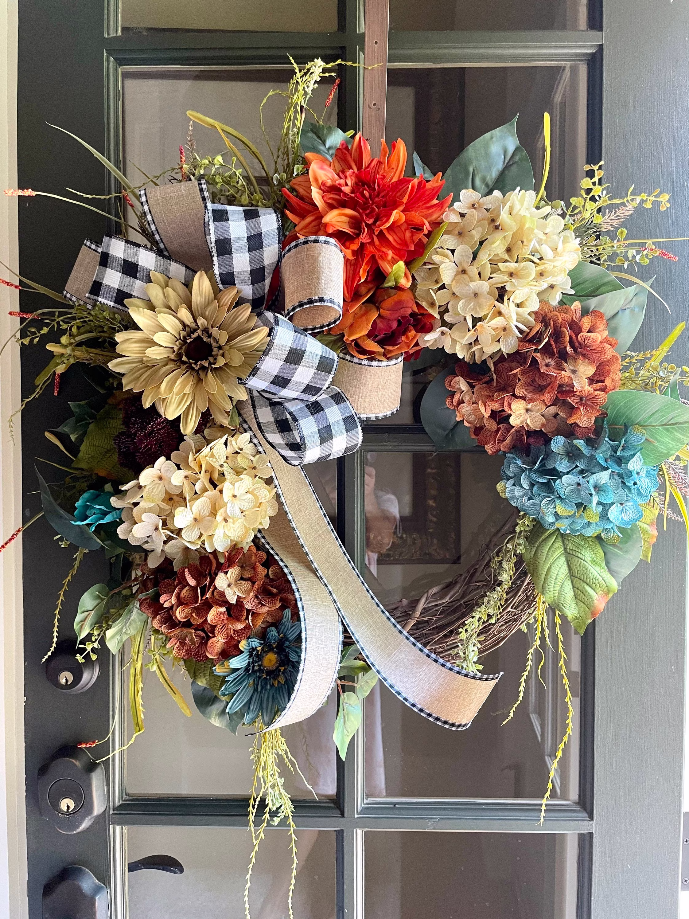 Large Fall Wreath For Front Door, Hydrangeas Wreath, Beige Brown Turquoise Transitional Farmhouse, All Season