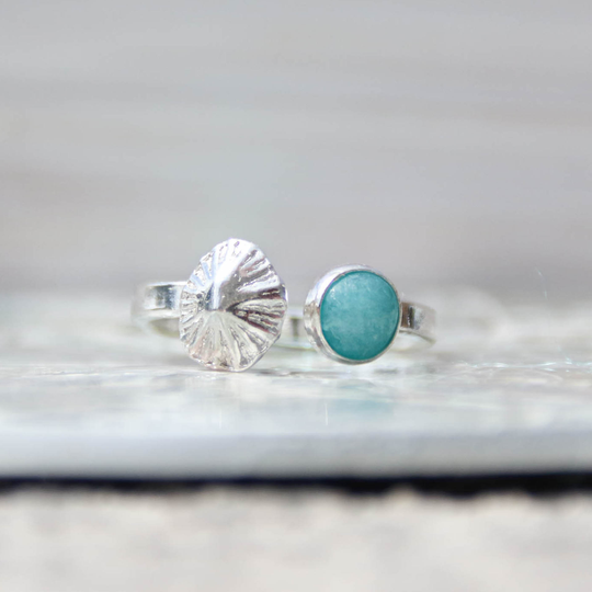Salt & Flow - Saltwater Souls Fine Silver | .999 Limpet Shell Cast & Amazonite Gemstone Adjustable Hammered Sterling Ring