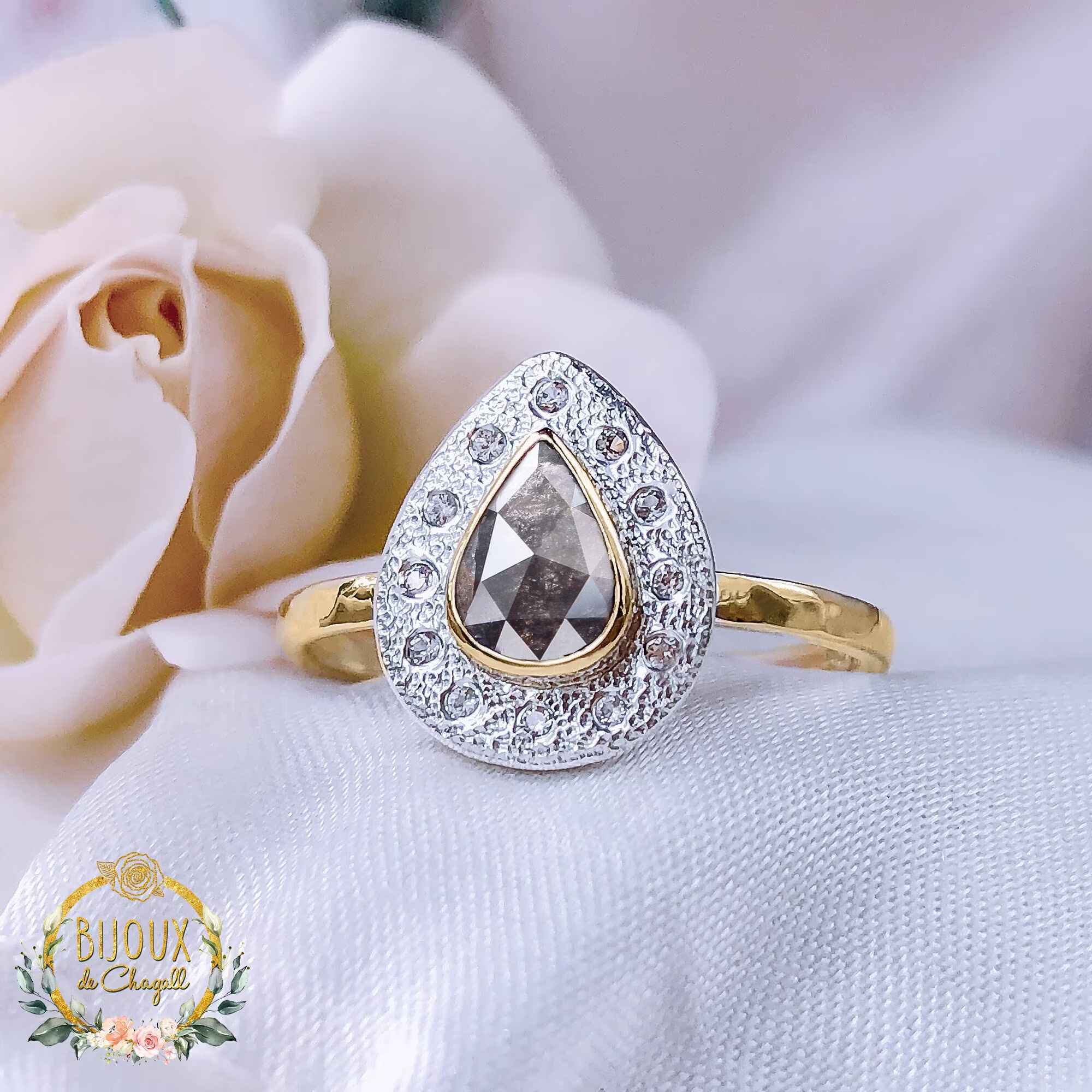 Natural Salt & Pepper Diamond Art Deco Ring, Halo Engagement Ring in 9Ct/18Ct Solid Gold & Fine Silver