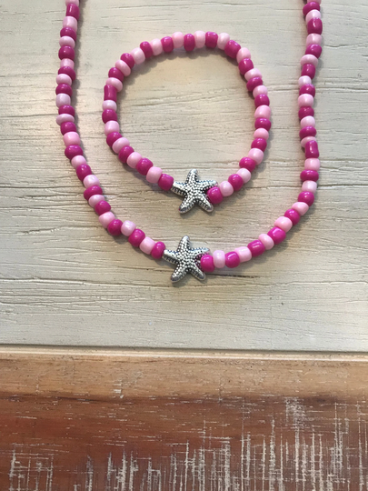 Silver Starfish Seed Bead Necklace & Bracelet Set