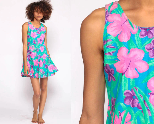 Tropical Floral Dress 80S Mini Summer Bohemian Sundress Hot Pink Hibiscus Hawaiian Drop Waist Vintage 1980S Sleeveless Extra Small Xs Xxs