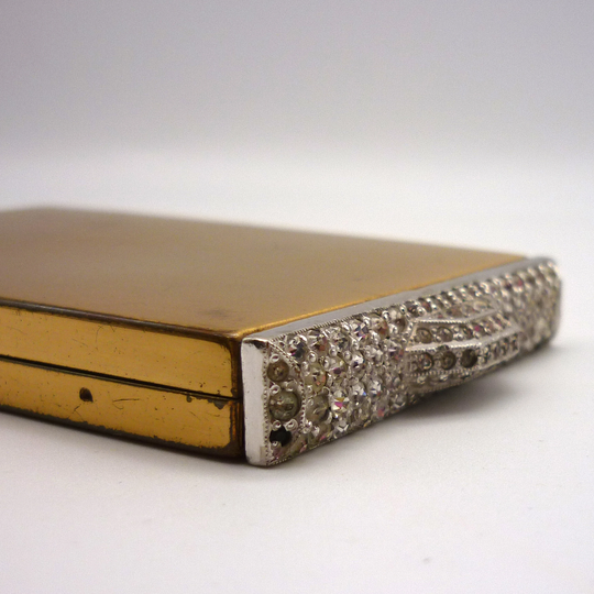 Vintage Gold Tone Powder Compact & Mirror With Rhinestone Catch