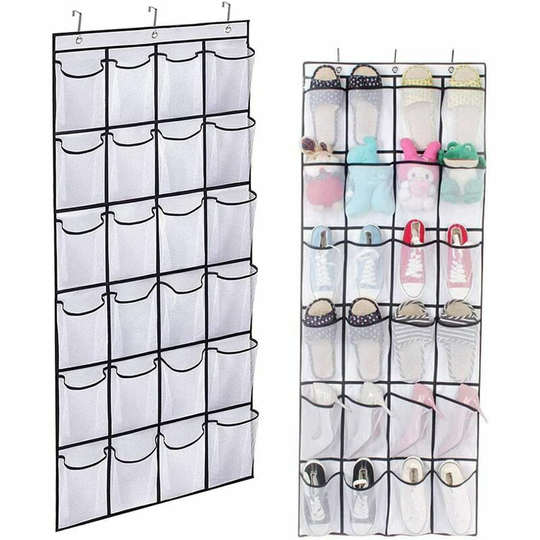 Hanging shoe storage, shoe organizer over the door, space saving shoe rack over the door, 24 space saving pockets with 3 hooks for kitchen, closet,