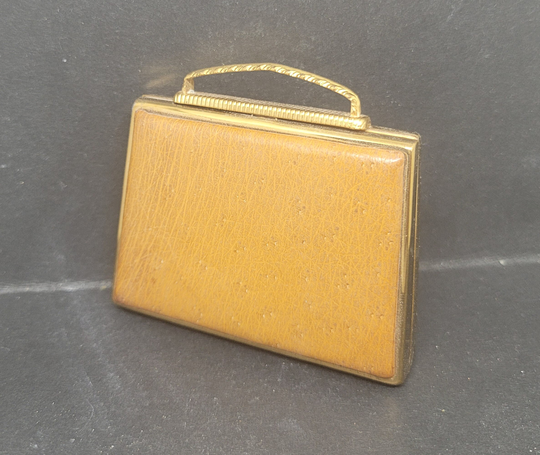 Vintage Mascot Powder Compact Novelty Handbag Kelly Bag Tan Leather 1950S