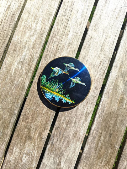 stratton Compact, Flying Ducks Powder, Mallard Gift, Duck Engraved Marion 1955, Gift For Marion, Rare Vintage Powder Compact