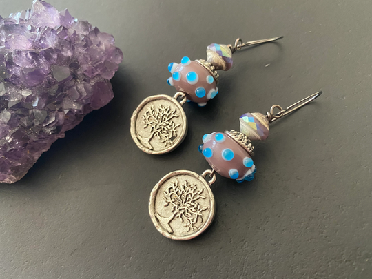 Boho Chic Jewelry/Lampwork Bead Earring/Czech Glass Earrings Gifts For Her/ Tree Of Life Charm