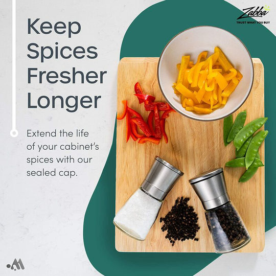 Salt and Pepper Mill Set of Two - Premium Salt and Pepper Shaker Set with Ceramic Lid - Brushed Stainless Steel and Glass Body - Spice Mills