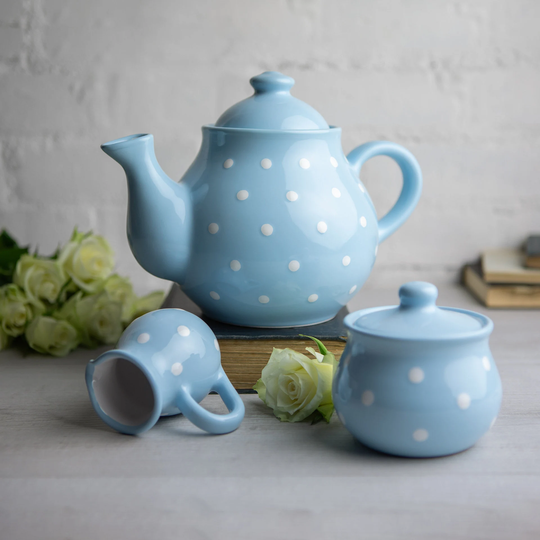 Sky Blue Ceramic Tea Set, Teapot Large Teapot, Milk Jug, Sugar Bowl Handmade Stoneware Pottery With White Polka Dot