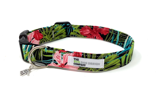 Tropical Leaf Hibiscus Flower Adjustable Dog Collar