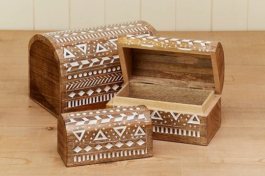 Aztec Design Carved Set Of 3 Domed Boxes