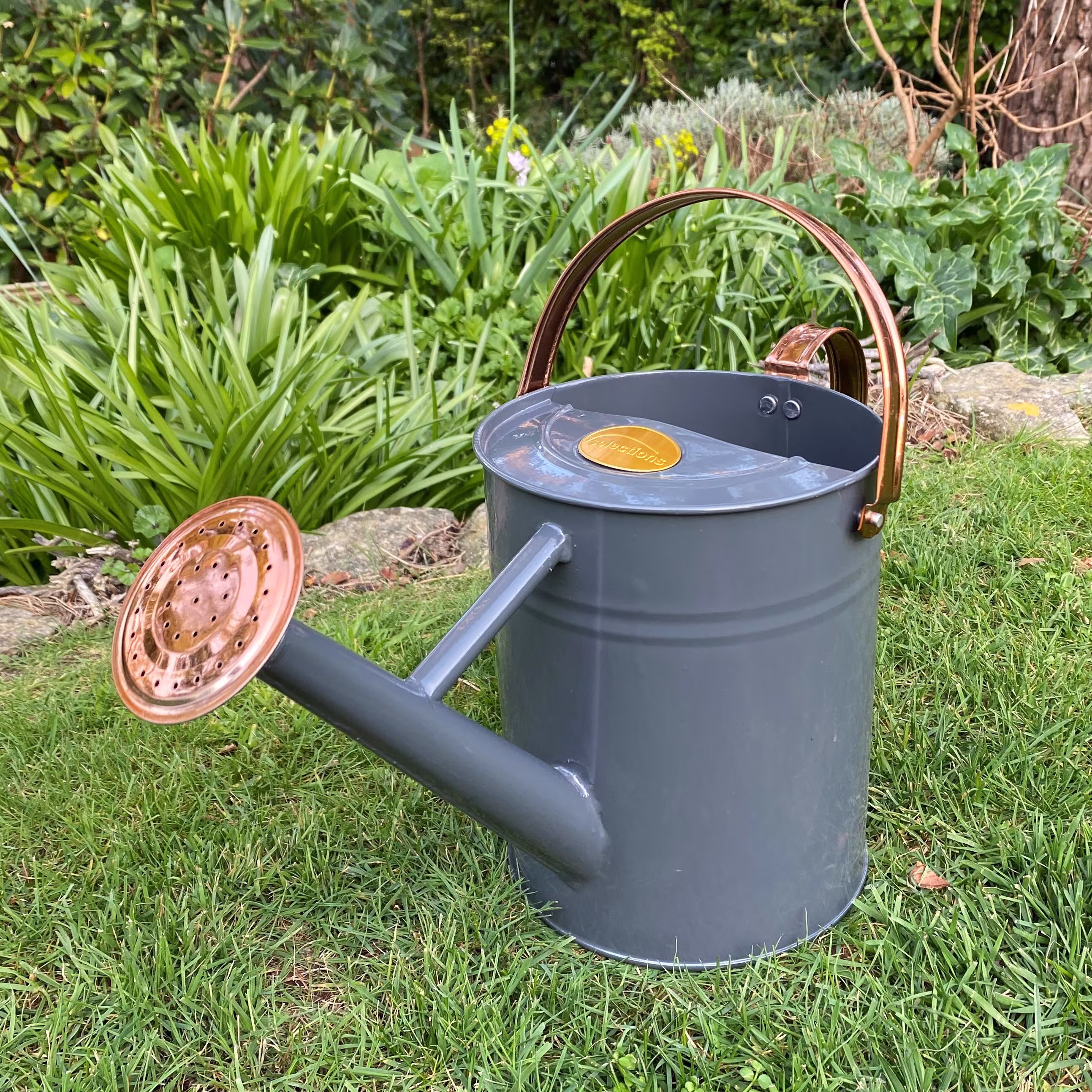 French Grey & Copper Metal Watering Can With Rose