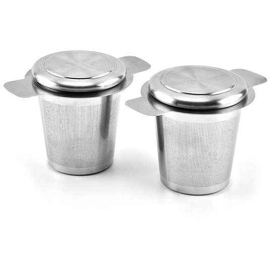 Two super fine 18/8 stainless steel tea filter mesh screens, large capacity double handles, which can be hung on teapots, mugs and cups to soak loose