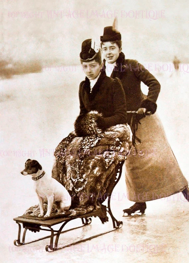Antique Victorian Lesbian Couple Ice Skating With Their Terrier Dog Gay Christmas Winter Solstice Holiday Season 5x7 Greeting Card