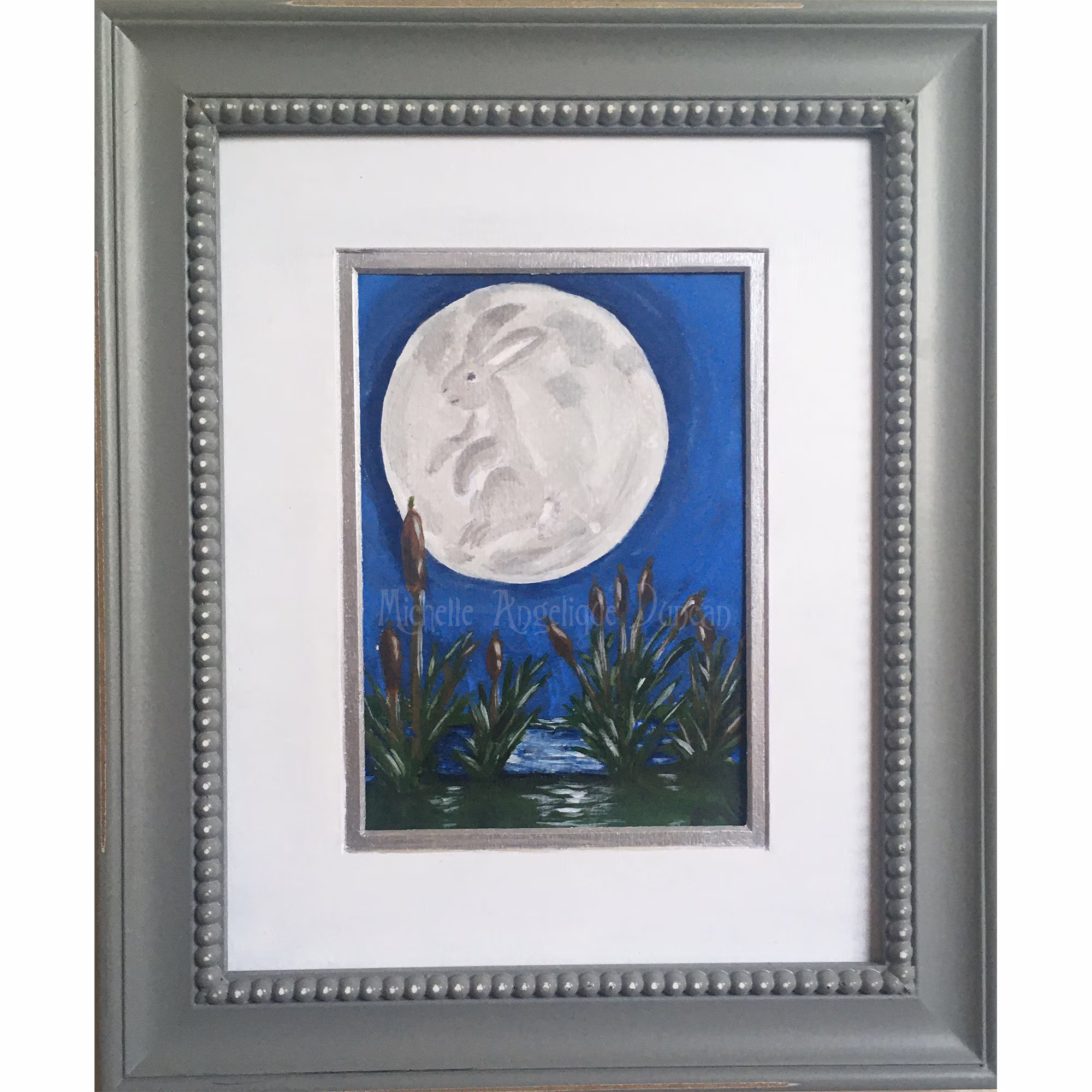 Original Paintng Framed 8x10 Rabbit On The Moon Bunny Hare Creek Cattails Pagan Art Mythology Wall Hanging Animal Illustration Fantasy