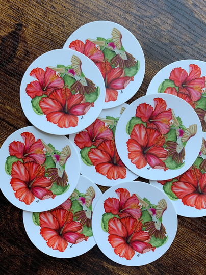Hummingbird Stickers, Hibiscus Flower Laptop Bird Scrapbooking, Watercolor Tropical