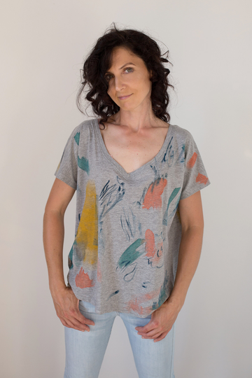Earthy Cloud - V Neck T-Shirt/Hand-Painted Organic Cotton Loose Abstract Print
