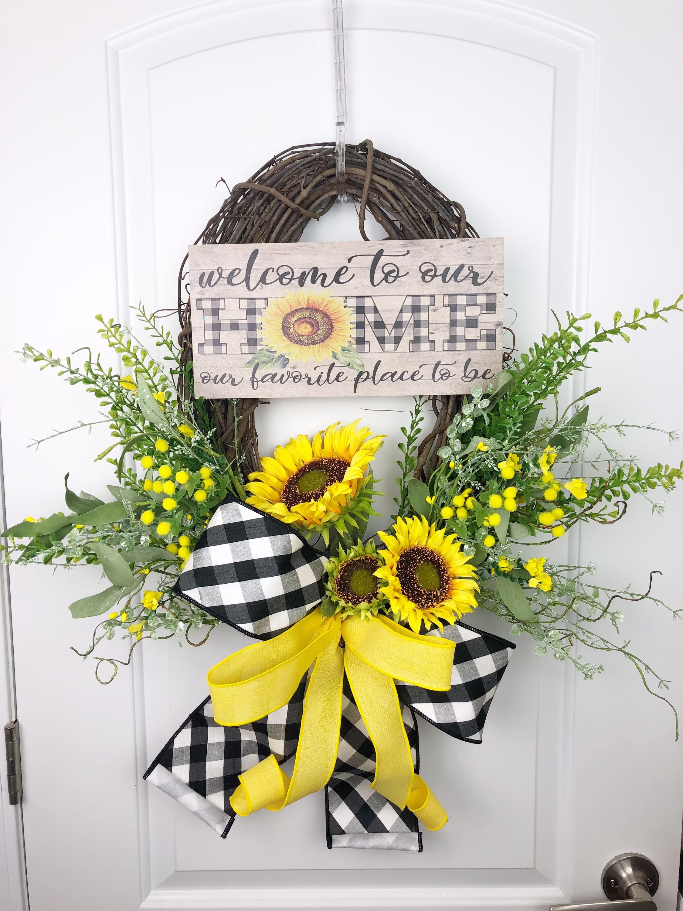 Sunflower Wreath For Front Door, Plaid Fall Home Decor, Buffalo Check, All Seasons Wreath, Year Round, Wedding Gift