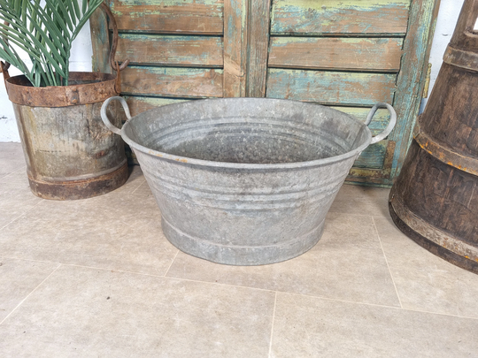 Vintage French European Galvanised Round Tub Bucket Pail Garden Planter