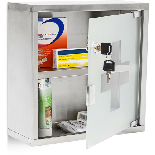 Emergency l Medicine Cabinet, 30 x 30 x 12 cm, 2 Shelves and Locking Door, Stainless Steel and Glass, Silver - Relaxdays
