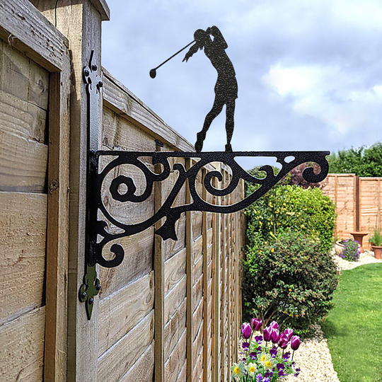 Lady Golfer Ornamental Hanging Bracket - Contemporary Basket Wall Mounted Decorative Garden Black