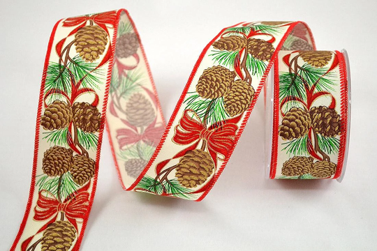 Wired Christmas Ribbon With Pine Cones, Red Bows & Green Tree Branches, Nature Themed Seasonal Holiday Decoration, Diy Supply