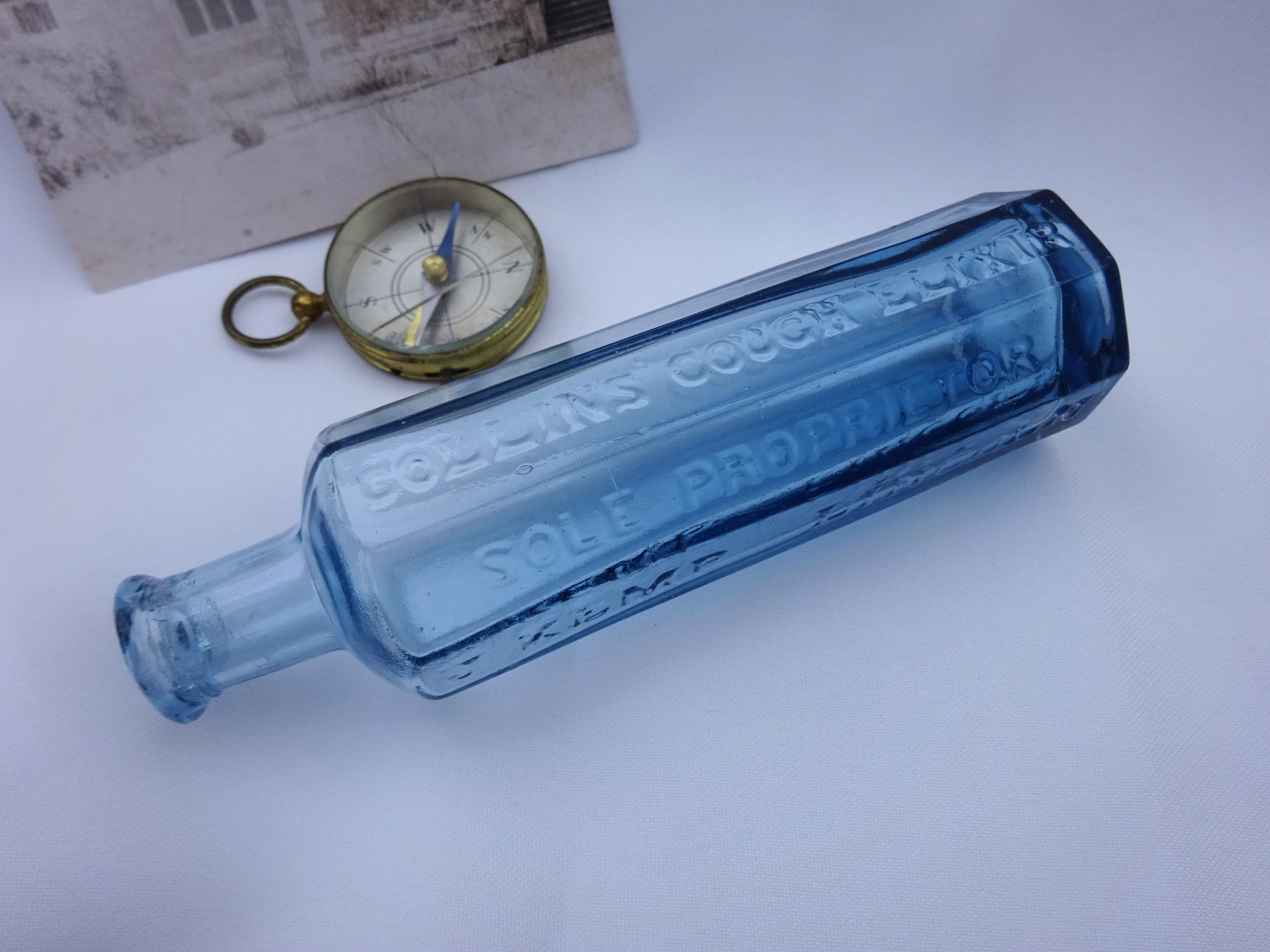 Victorian Octagonal Aqua Medicine Bottle ~ Collins' Cough Elixir, Sole Proprietor J. Kemp Lincoln. Antique Chemist Bottle, Pharmacy