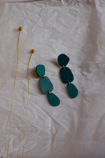 Teal Organic Shape Clay Statement Earrings/Blue Green Abstract Art Form Lightweight Dangle