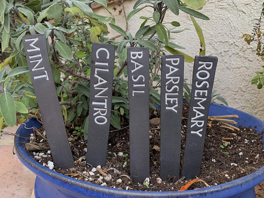 Black Clay Herb Label Set Of 5, Handmade Garden Ceramic Sign For Basil Parsley Rosemary Cilantro & Mint, Gift Ready To Ship