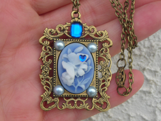 Gift For Her Butterfly, Flower 3-D Cameo in White On Blue Powder Or Pink Color Antique Brass Look Filigree Frame & Chain