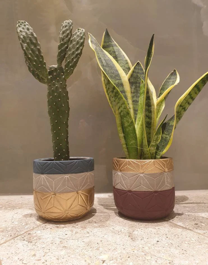 Abstract, Geometric Concrete Pots | Set Of 2 Plants, Planters Grey, Navy, Gold, Plum Small 11cm Sustainable + Eco Friendly
