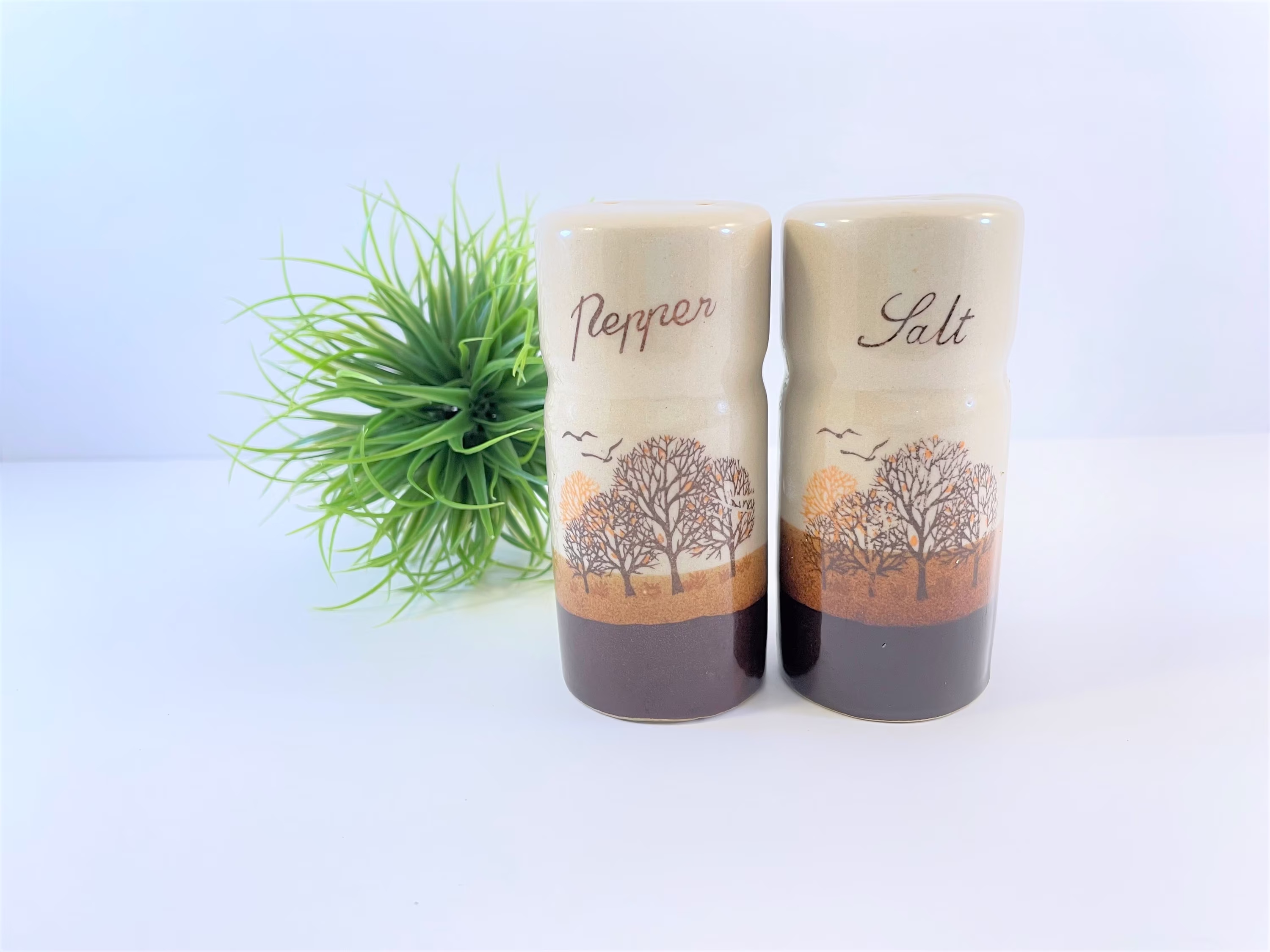 Vintage Mid Century Modern Ceramic Salt & Pepper Shaker Set Boho Dinnerware Décor Trees Birds Setting Sun